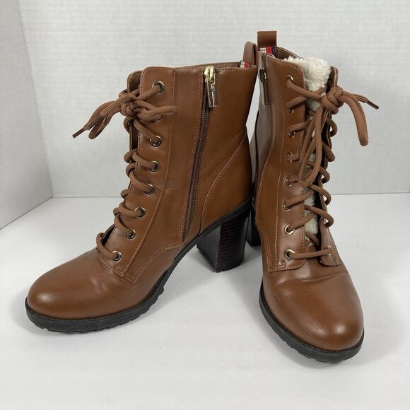 Chunky Brown Ankle Boots Tommy Hilfiger 7M Block Heel Booties LaceUp Grunge - Picture 2 of 14